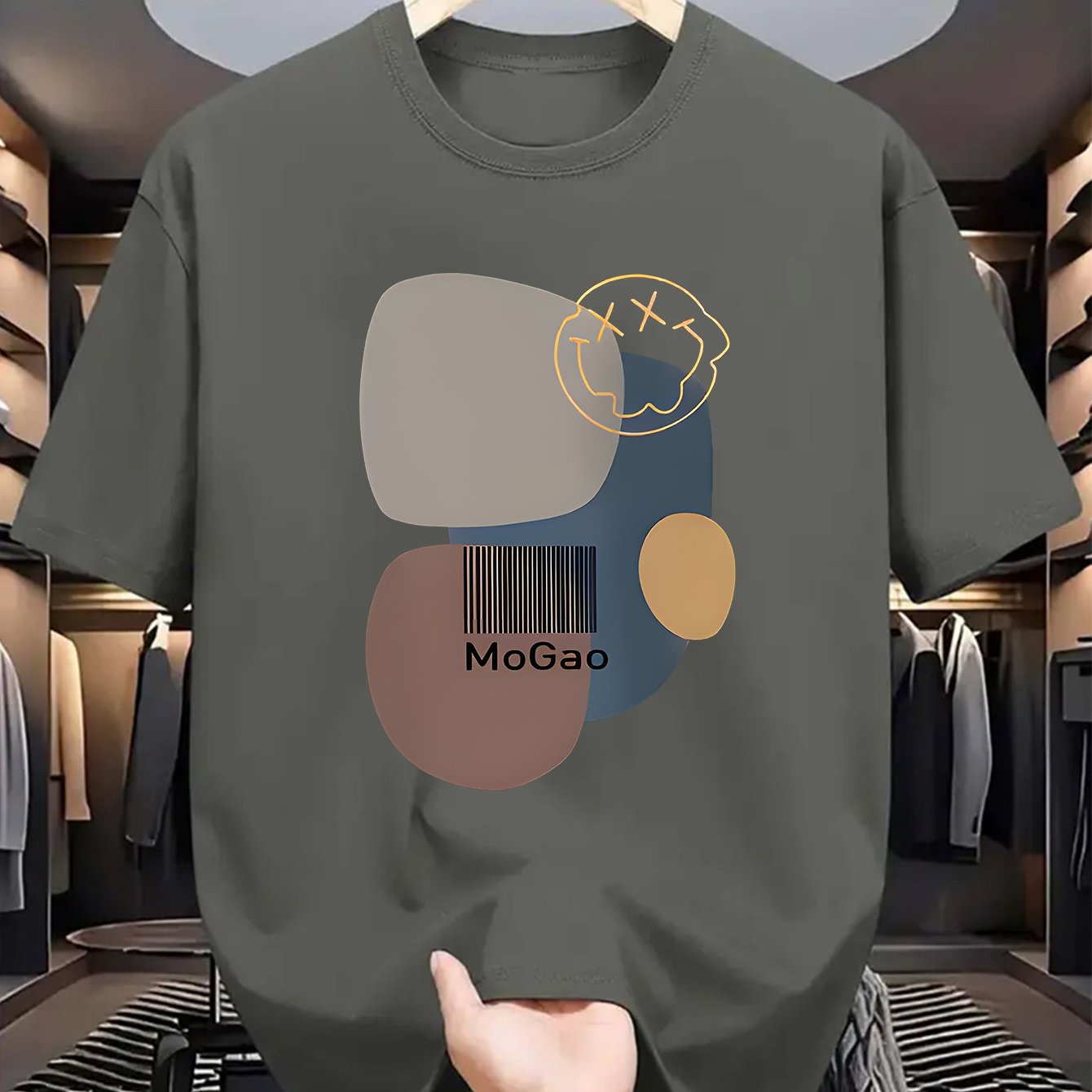 Mogao Men's Casual Short Sleeve T-Shirt - Light Blue Abstract Geometric Print, Breathable Summer Fabric, Regular Fit Round Neck, Machine Washable for Casual Attire, Versatile Fashion Top, Modern Aesthetic Shirt