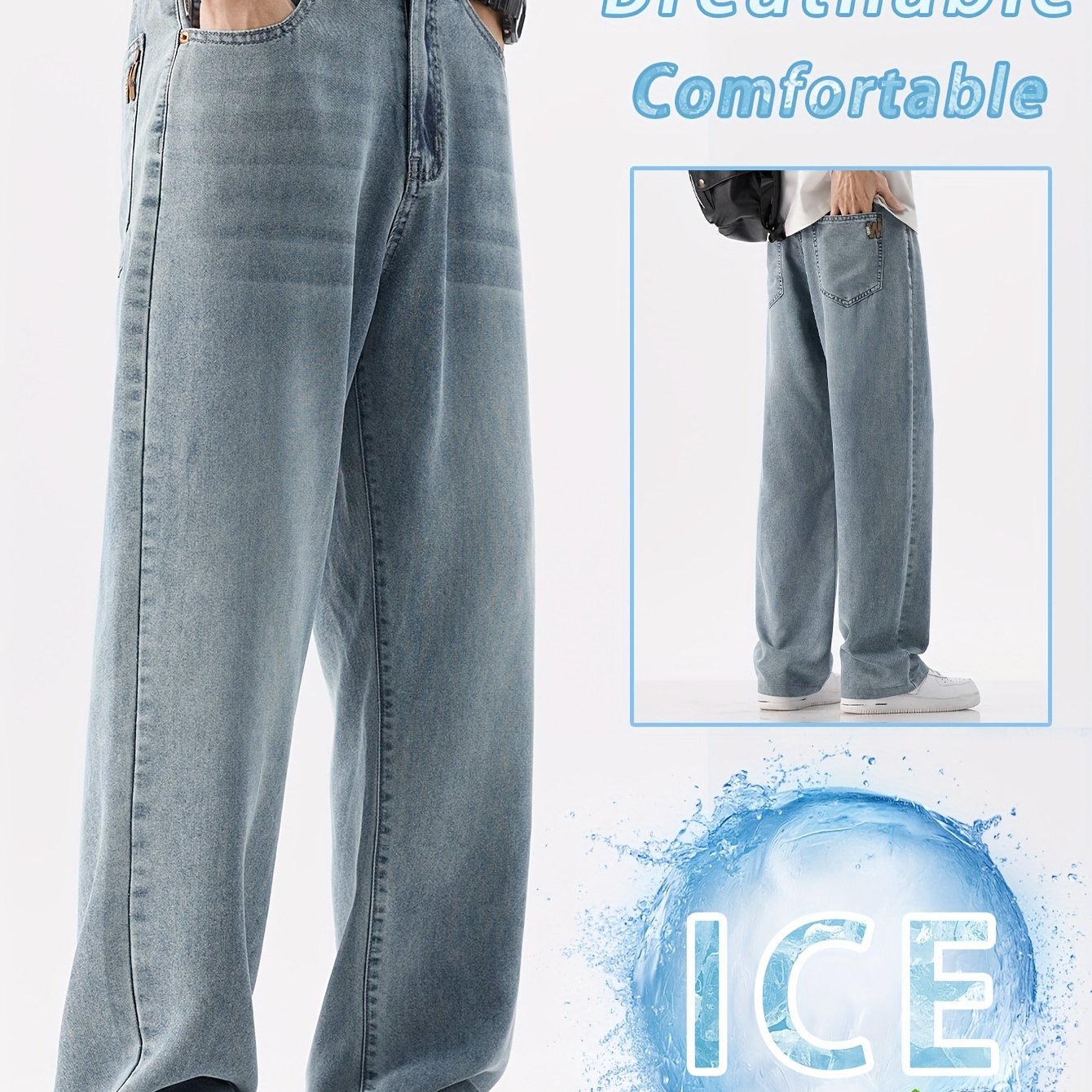 Men'S Vintage Washed Blue Wide-Leg Faux Denim - Breathable, Comfortable