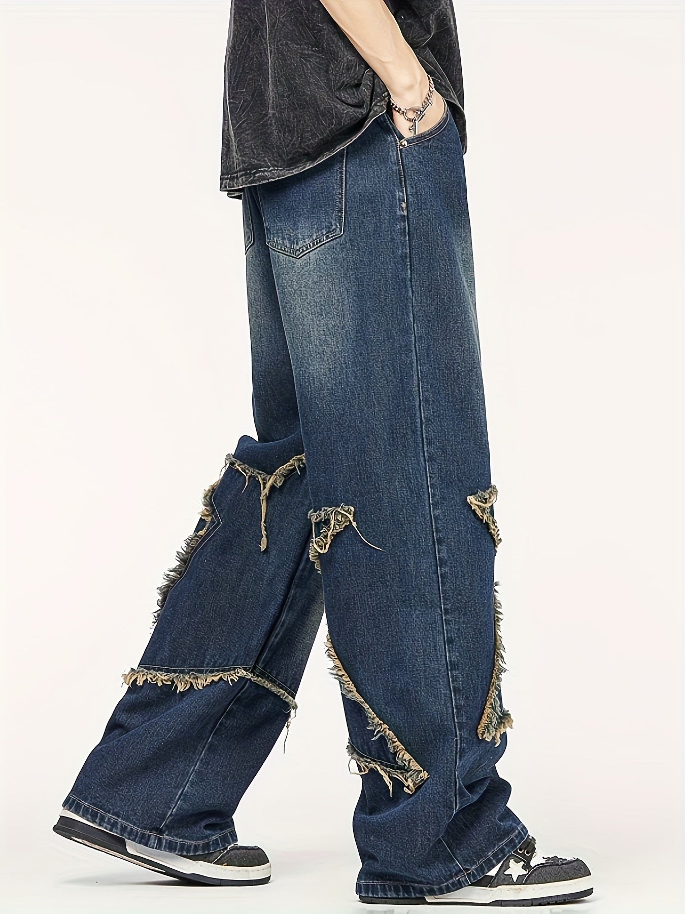 Men'S Fashion Trend Loose Straight-leg Faux Denim, High Street Five-pointed Star Pattern