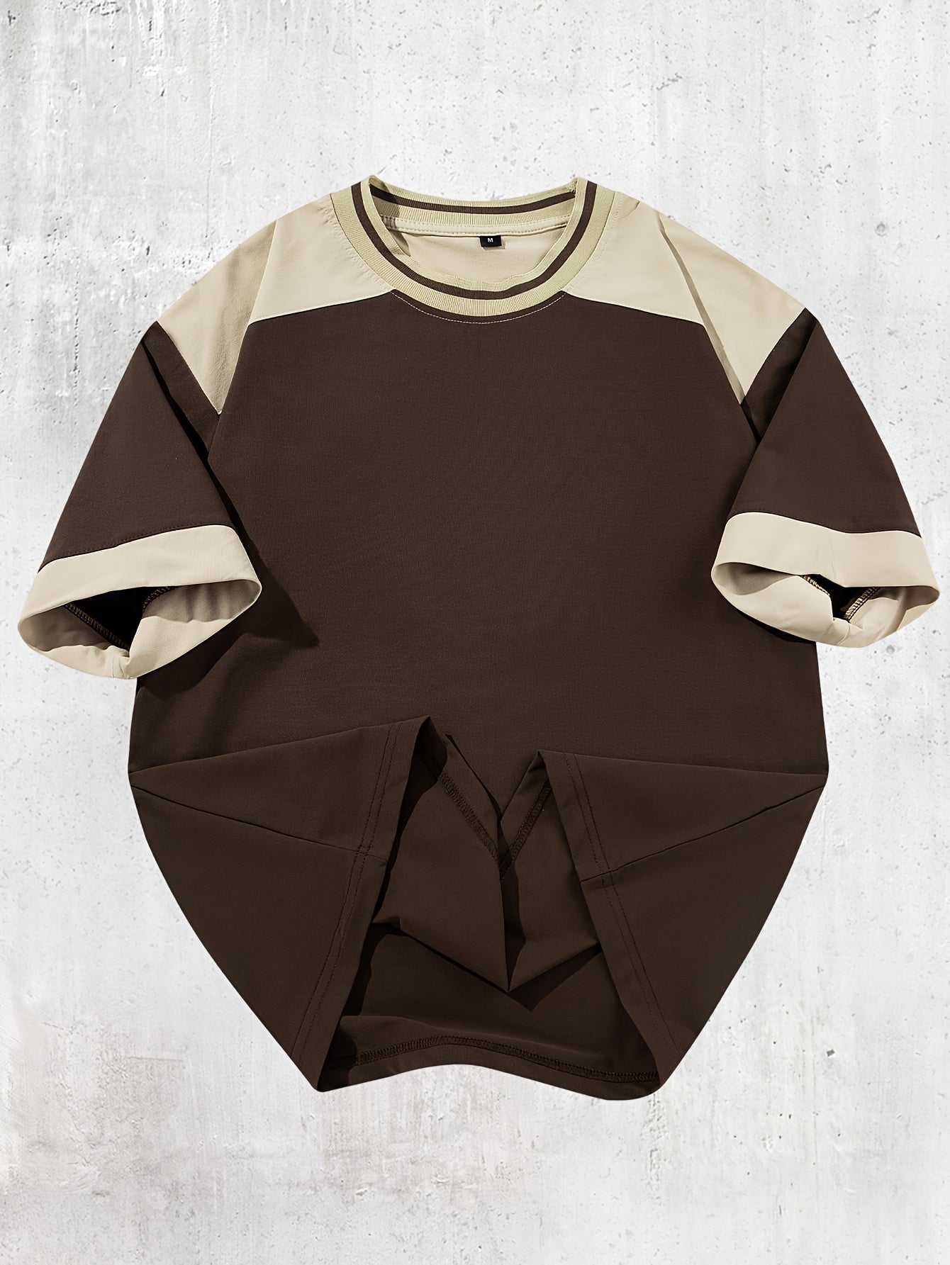 Men's Retro Color-Block Short Sleeve T-Shirt - Maillard Color Palette, Drop Shoulder Design, Breathable Summer Casual Top, Machine Washable Regular Fit, Vintage T Shirts, Contrast Color Design, Relaxed Fit Shirt