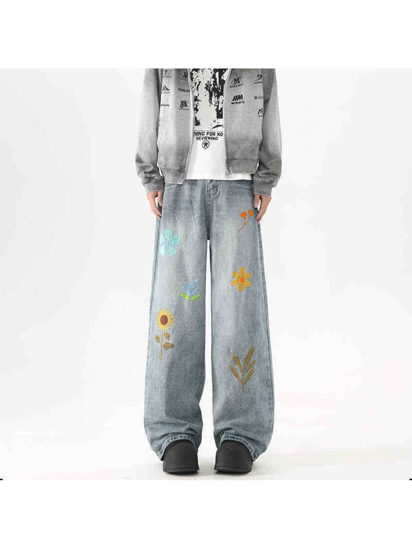 Men'S Vintage Washed Faux Denim - Non-Stretch Straight Leg Pants with Floral embroidery