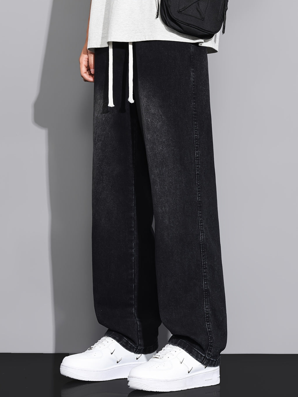 Men's Straight-Leg Jeans - Non-Stretch Denim Pants with Drawstring Waist