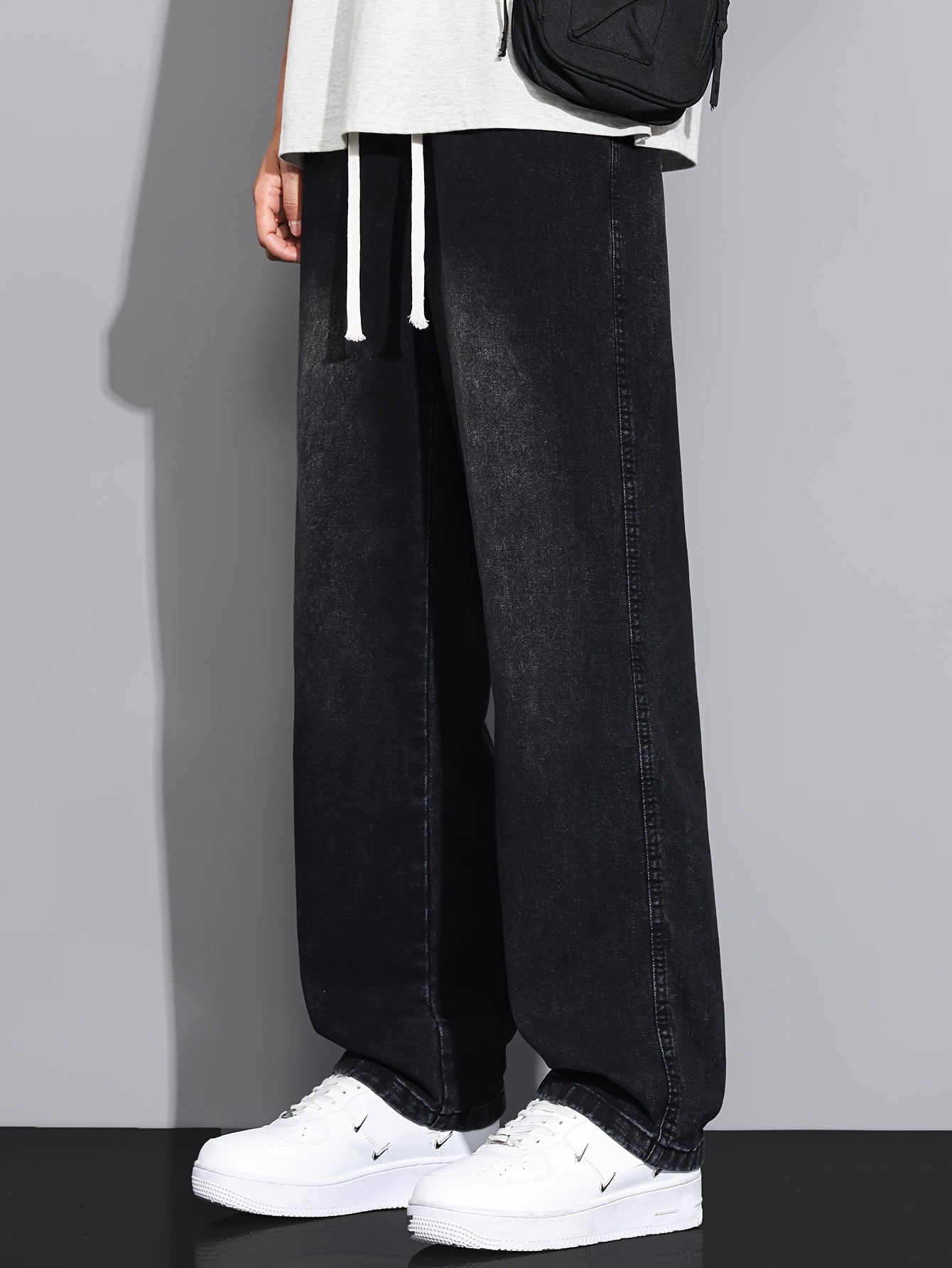 Men's Straight-Leg Jeans - Non-Stretch Denim Pants with Drawstring Waist