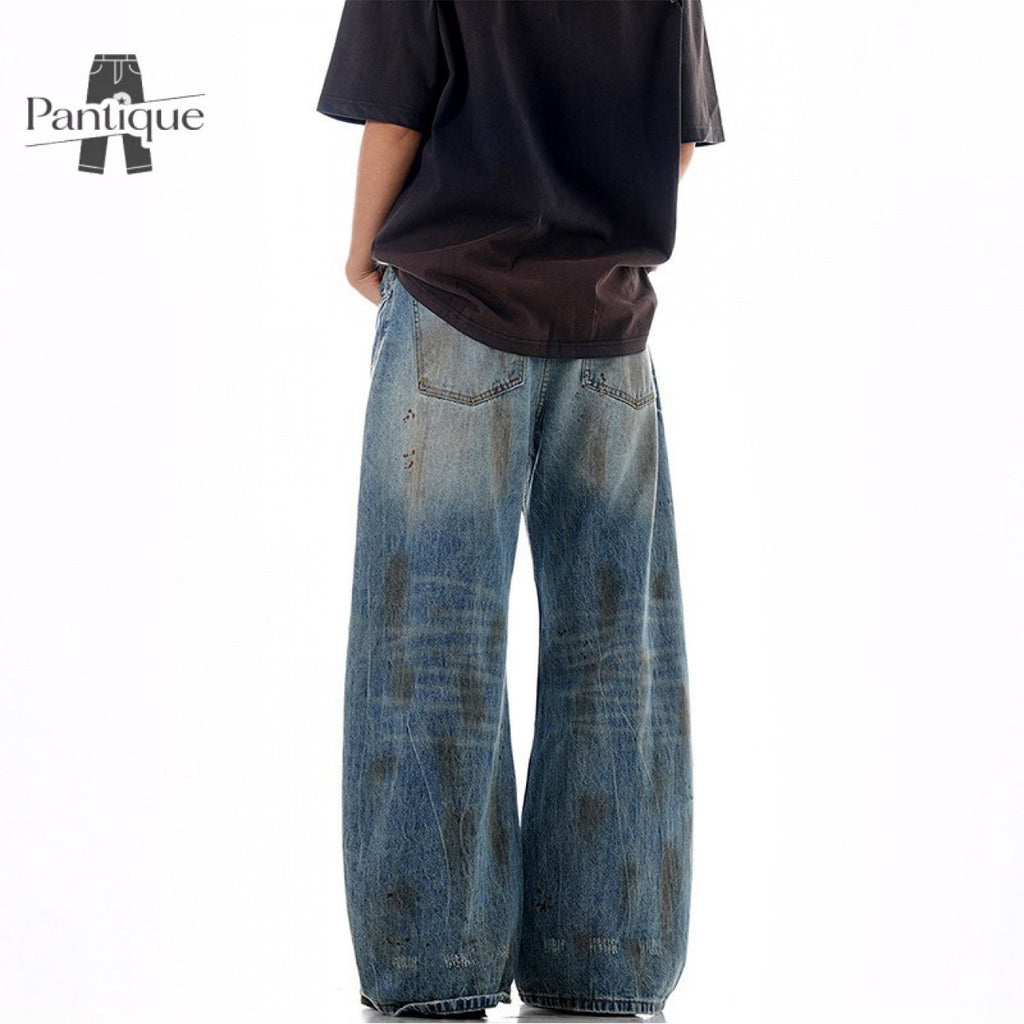 Men'S Japanese Retro Vintage Distressed Washed Faux Denim