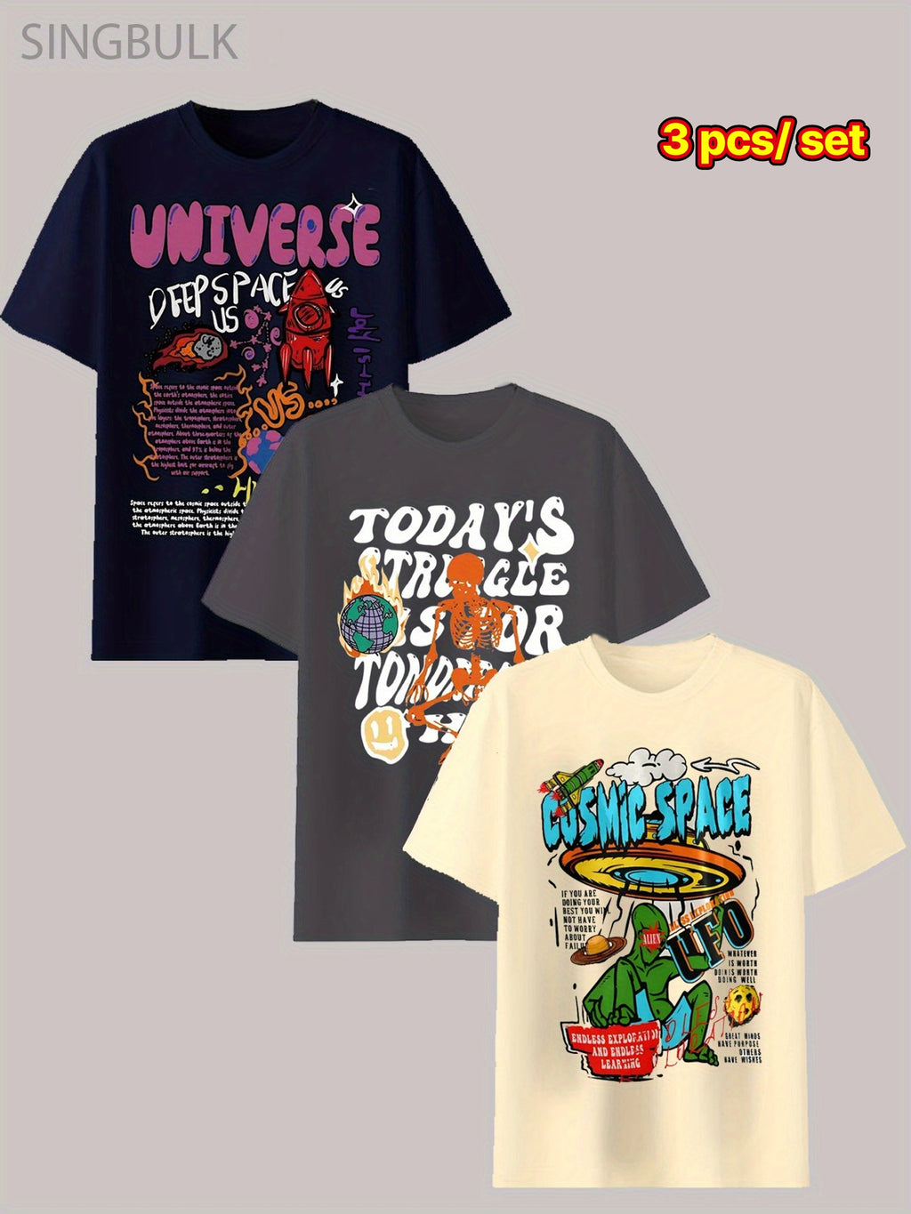 3pcs\u002F set Cool Men's Cotton T-shirt, Graphic Casual Short Sleeve Crew Neck T-shirt, Men's Outdoor Clothes, Men's Clothing