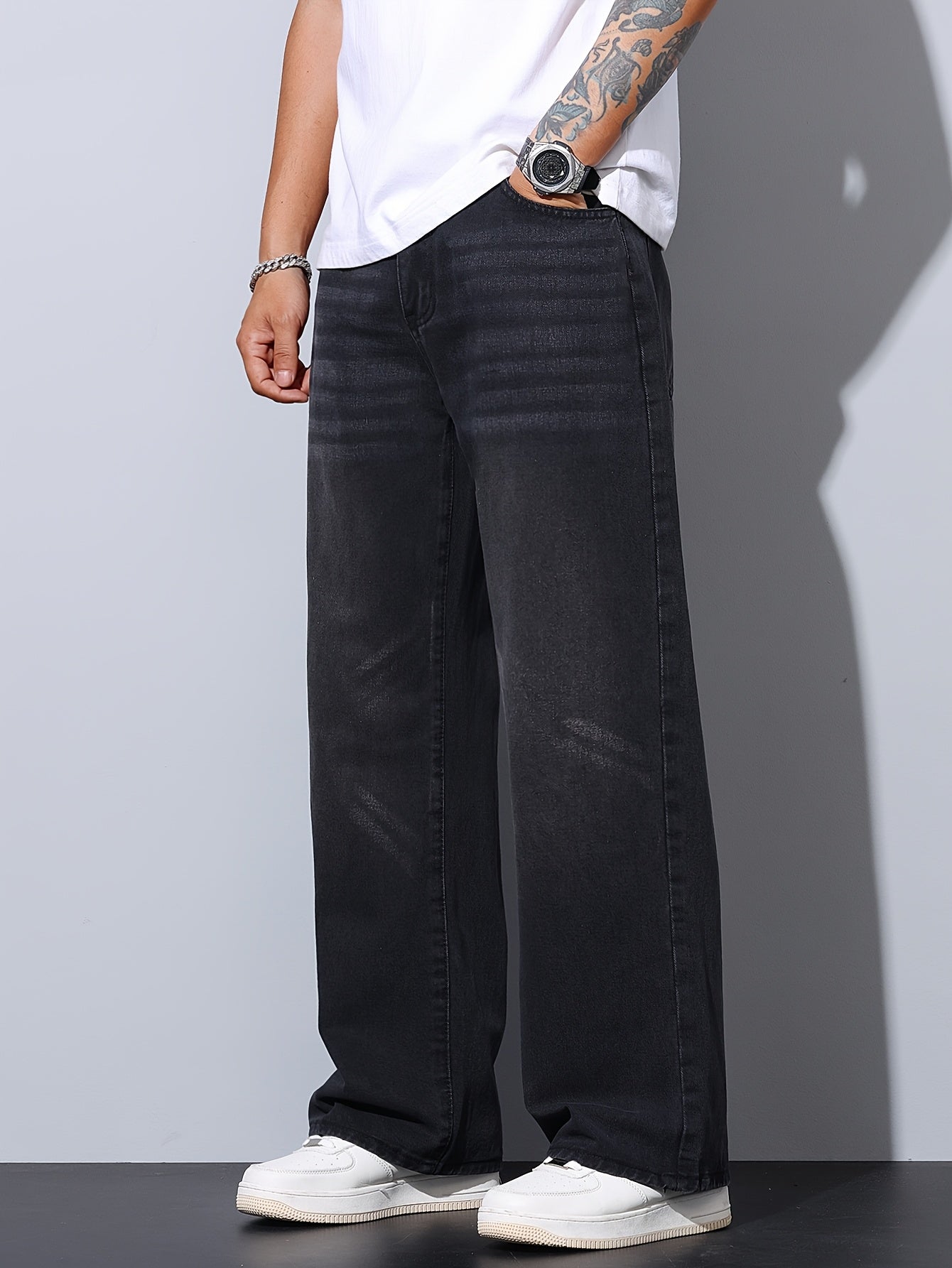 Men'S Blue Casual Loose Straight Faux Denim