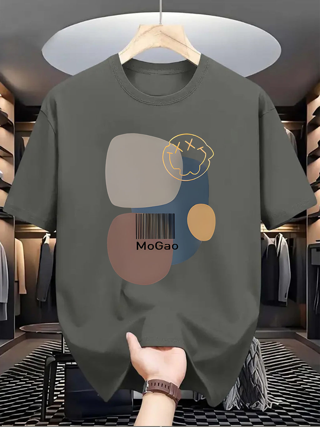 Mogao Men's Casual Short Sleeve T-Shirt - Light Blue Abstract Geometric Print, Breathable Summer Fabric, Regular Fit Round Neck, Machine Washable for Casual Attire, Versatile Fashion Top, Modern Aesthetic Shirt