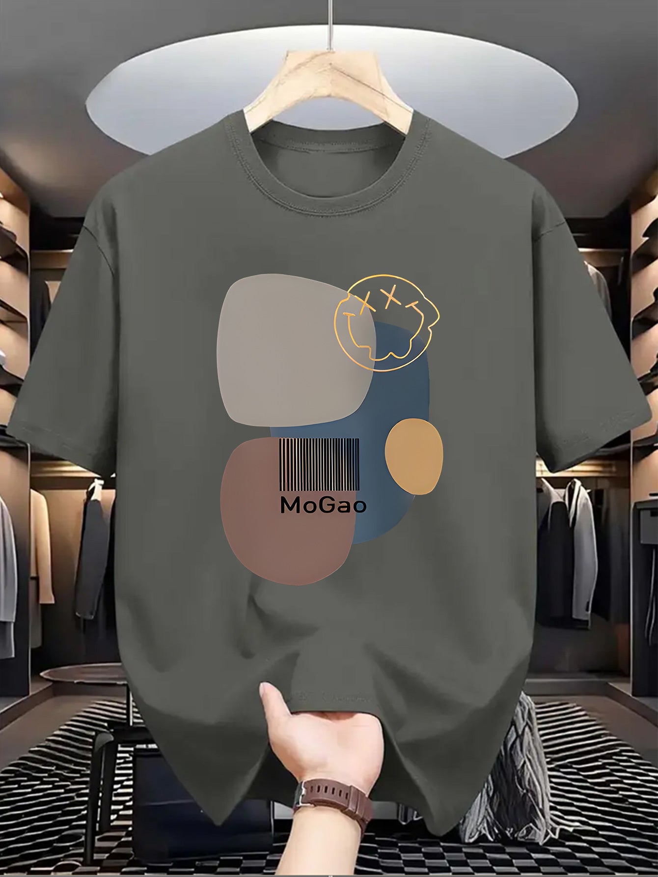 Mogao Men's Casual Short Sleeve T-Shirt - Light Blue Abstract Geometric Print, Breathable Summer Fabric, Regular Fit Round Neck, Machine Washable for Casual Attire, Versatile Fashion Top, Modern Aesthetic Shirt