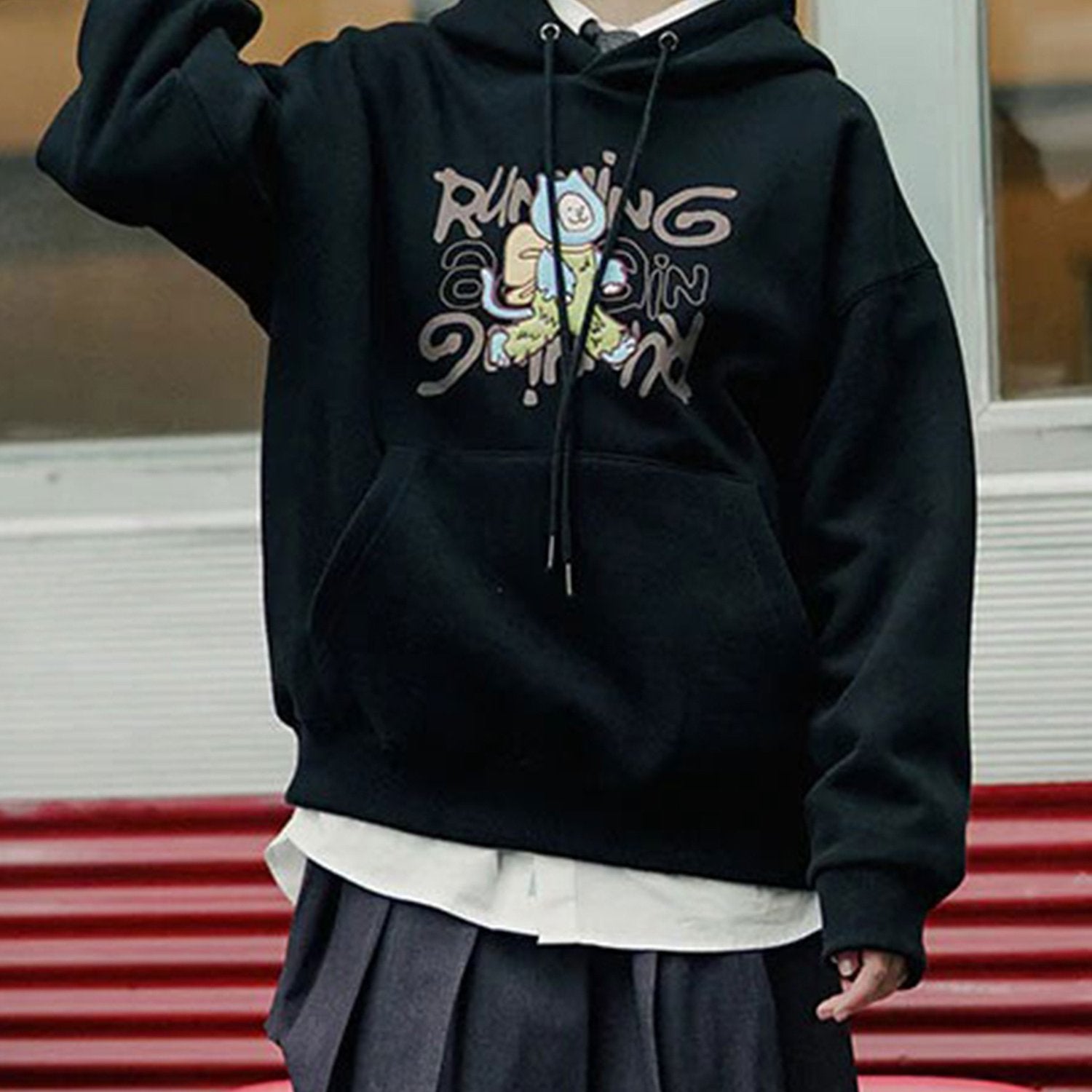 Casual Polyester Hooded Sweatshirt, Geometric Pattern, Slight Stretch, Regular Fit, with Drawstring, for All-Season Pullover Hoodie