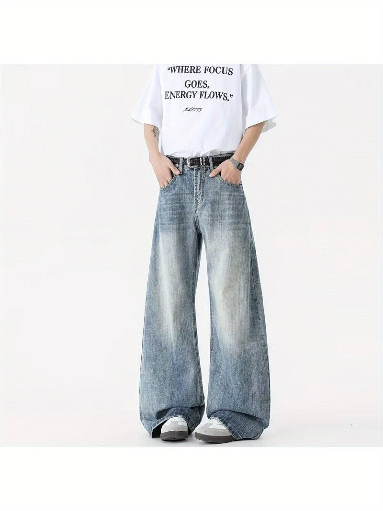 Men'S High-Waisted Wide-Leg Jeans - Vintage Washed Blue Denim, Casual Summer Style with Belt Loops & Pockets, Comfortable Mid-Rise Fit for Casual Attire