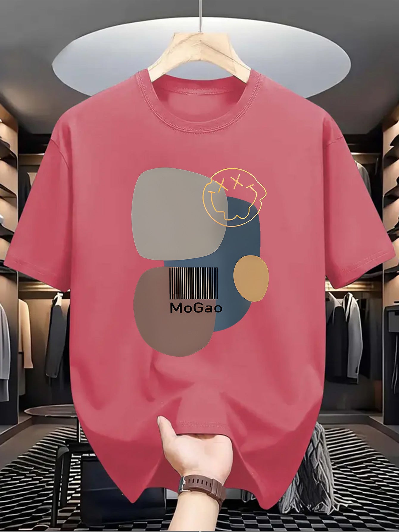 Mogao Men's Casual Short Sleeve T-Shirt - Light Blue Abstract Geometric Print, Breathable Summer Fabric, Regular Fit Round Neck, Machine Washable for Casual Attire, Versatile Fashion Top, Modern Aesthetic Shirt