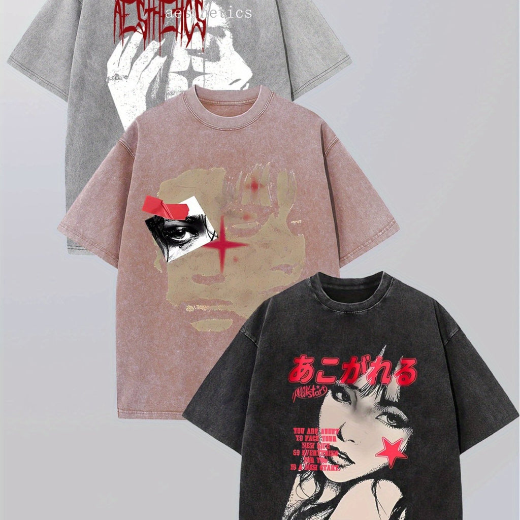 Subculture Invasion! Made Of Old Washed Diablo Cotton T-shirt, Fried Field, 8.11 oz Of Vintage Washed Batik T-shirt, 100% Cotton, Simple And Casual, Loose Fit, Breathable, Soft Fabric.