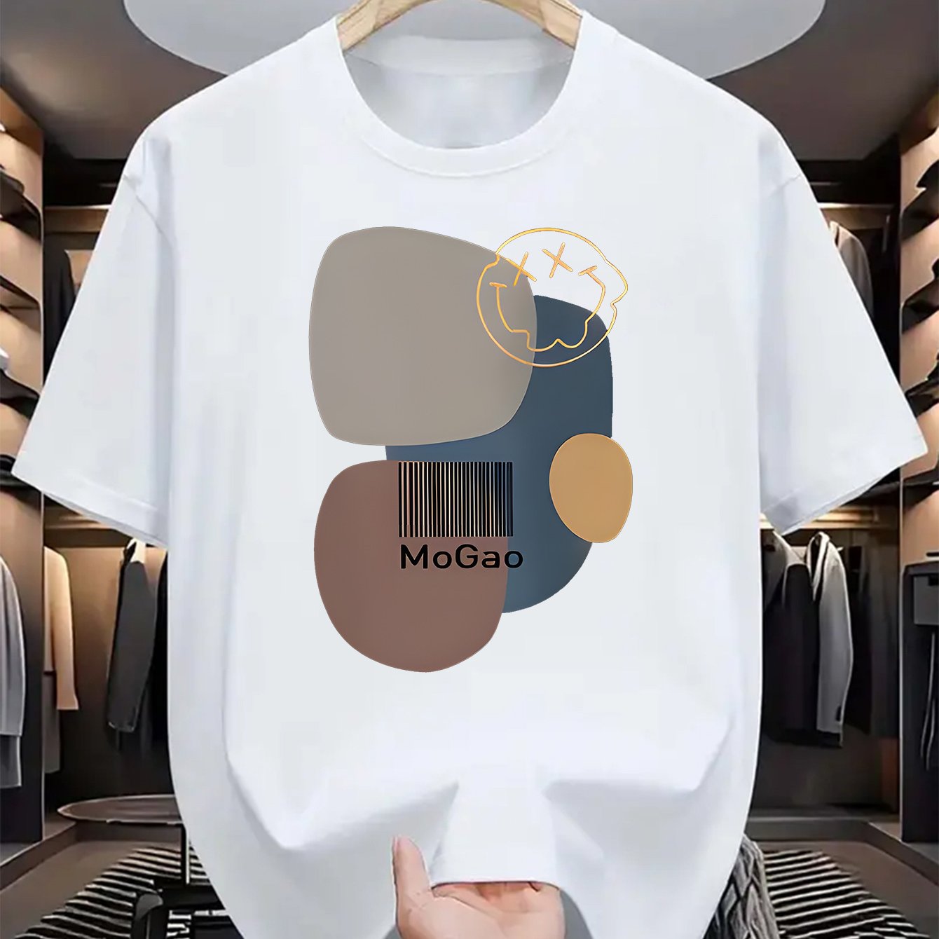 Mogao Men's Casual Short Sleeve T-Shirt - Light Blue Abstract Geometric Print, Breathable Summer Fabric, Regular Fit Round Neck, Machine Washable for Casual Attire, Versatile Fashion Top, Modern Aesthetic Shirt