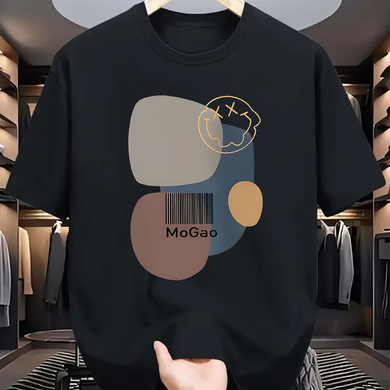 Mogao Men's Casual Short Sleeve T-Shirt - Light Blue Abstract Geometric Print, Breathable Summer Fabric, Regular Fit Round Neck, Machine Washable for Casual Attire, Versatile Fashion Top, Modern Aesthetic Shirt