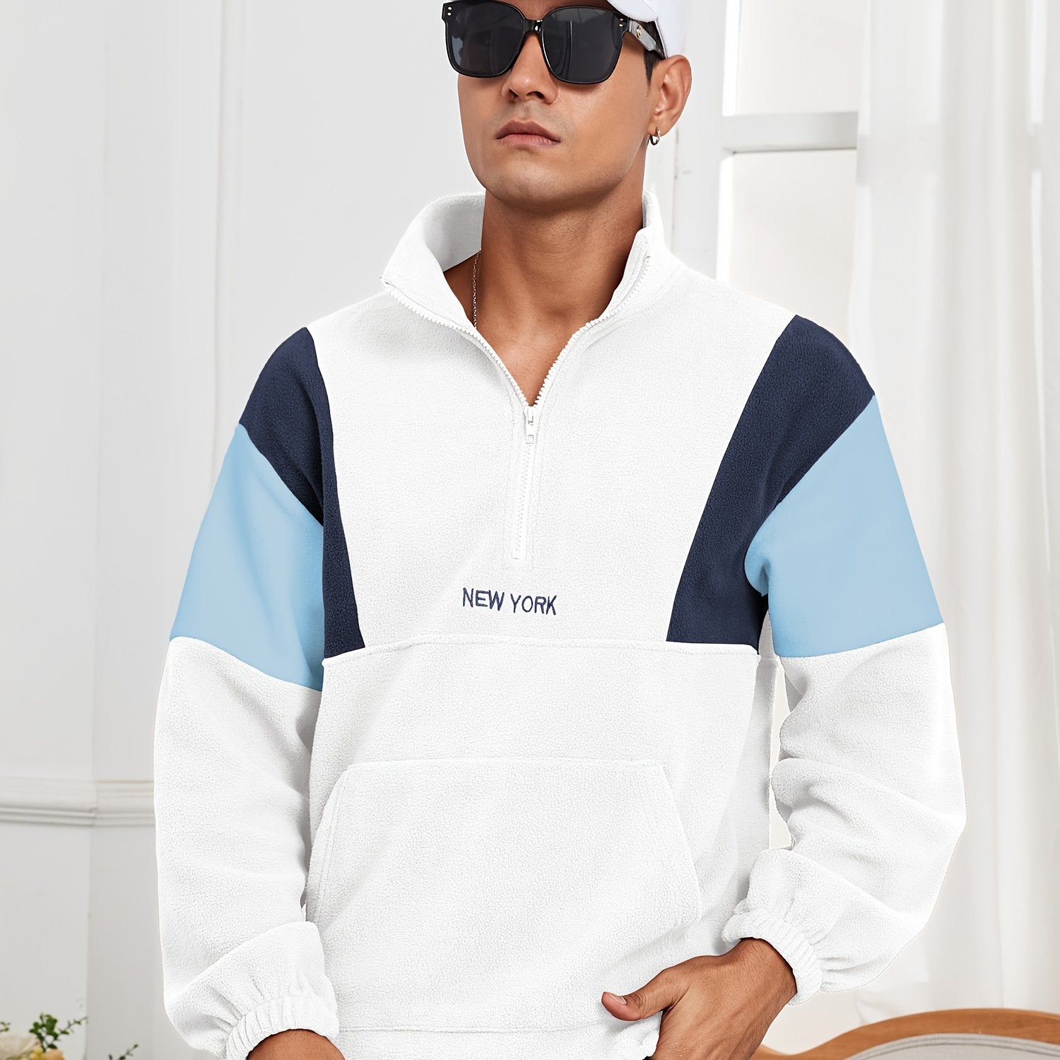 Men's Fluffy Polar Fleece Hoodie with NEW YORK Lettering & Colorblock Design - Half-Zip Stand Collar Sweatshirt, Loose Fit Unisex Pullover for Casual & Athletic Wear, Machine Washable (Black\u002FOlive\u002FBeige)