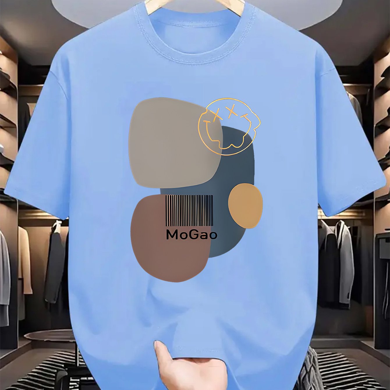 Mogao Men's Casual Short Sleeve T-Shirt - Light Blue Abstract Geometric Print, Breathable Summer Fabric, Regular Fit Round Neck, Machine Washable for Casual Attire, Versatile Fashion Top, Modern Aesthetic Shirt