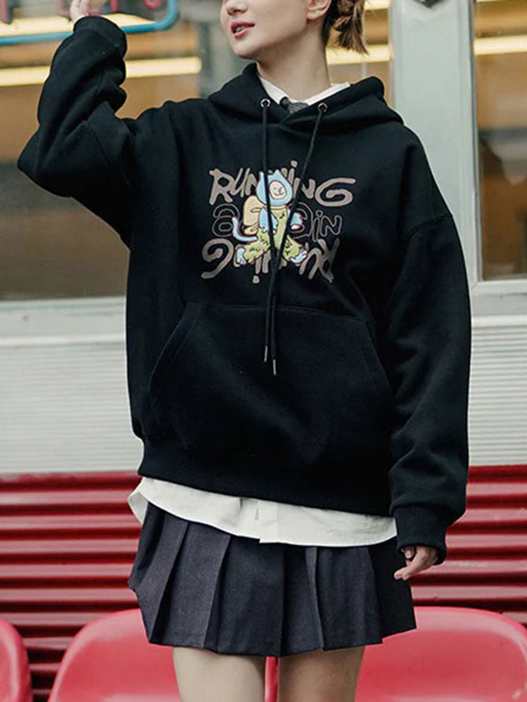 Casual Polyester Hooded Sweatshirt, Geometric Pattern, Slight Stretch, Regular Fit, with Drawstring, for All-Season Pullover Hoodie