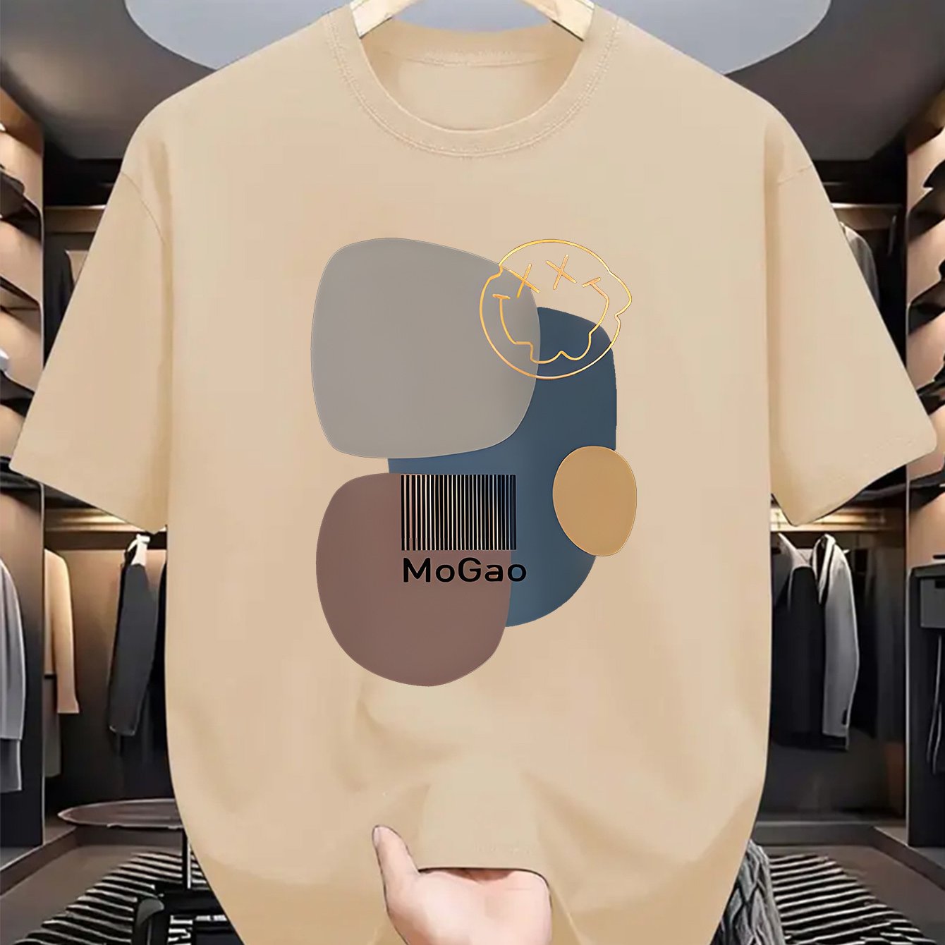 Mogao Men's Casual Short Sleeve T-Shirt - Light Blue Abstract Geometric Print, Breathable Summer Fabric, Regular Fit Round Neck, Machine Washable for Casual Attire, Versatile Fashion Top, Modern Aesthetic Shirt