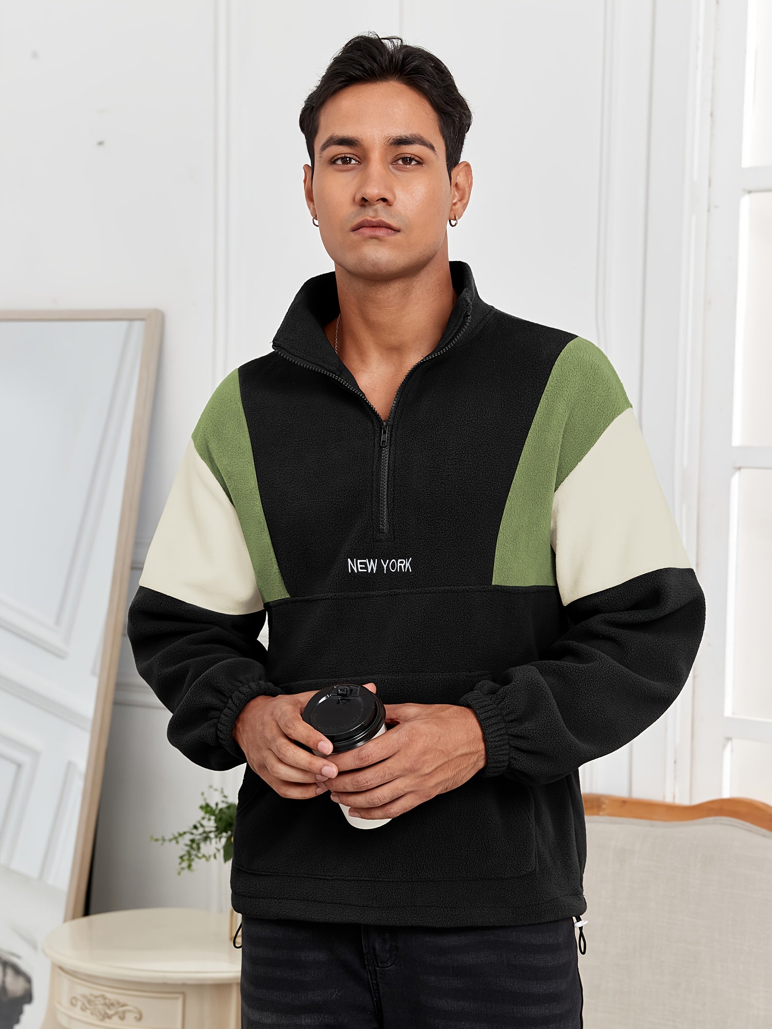 Men's Fluffy Polar Fleece Hoodie with NEW YORK Lettering & Colorblock Design - Half-Zip Stand Collar Sweatshirt, Loose Fit Unisex Pullover for Casual & Athletic Wear, Machine Washable (Black\u002FOlive\u002FBeige)