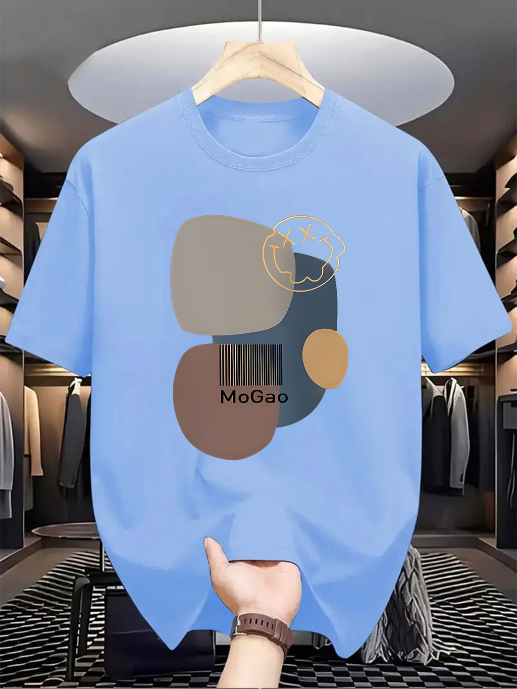 Mogao Men's Casual Short Sleeve T-Shirt - Light Blue Abstract Geometric Print, Breathable Summer Fabric, Regular Fit Round Neck, Machine Washable for Casual Attire, Versatile Fashion Top, Modern Aesthetic Shirt