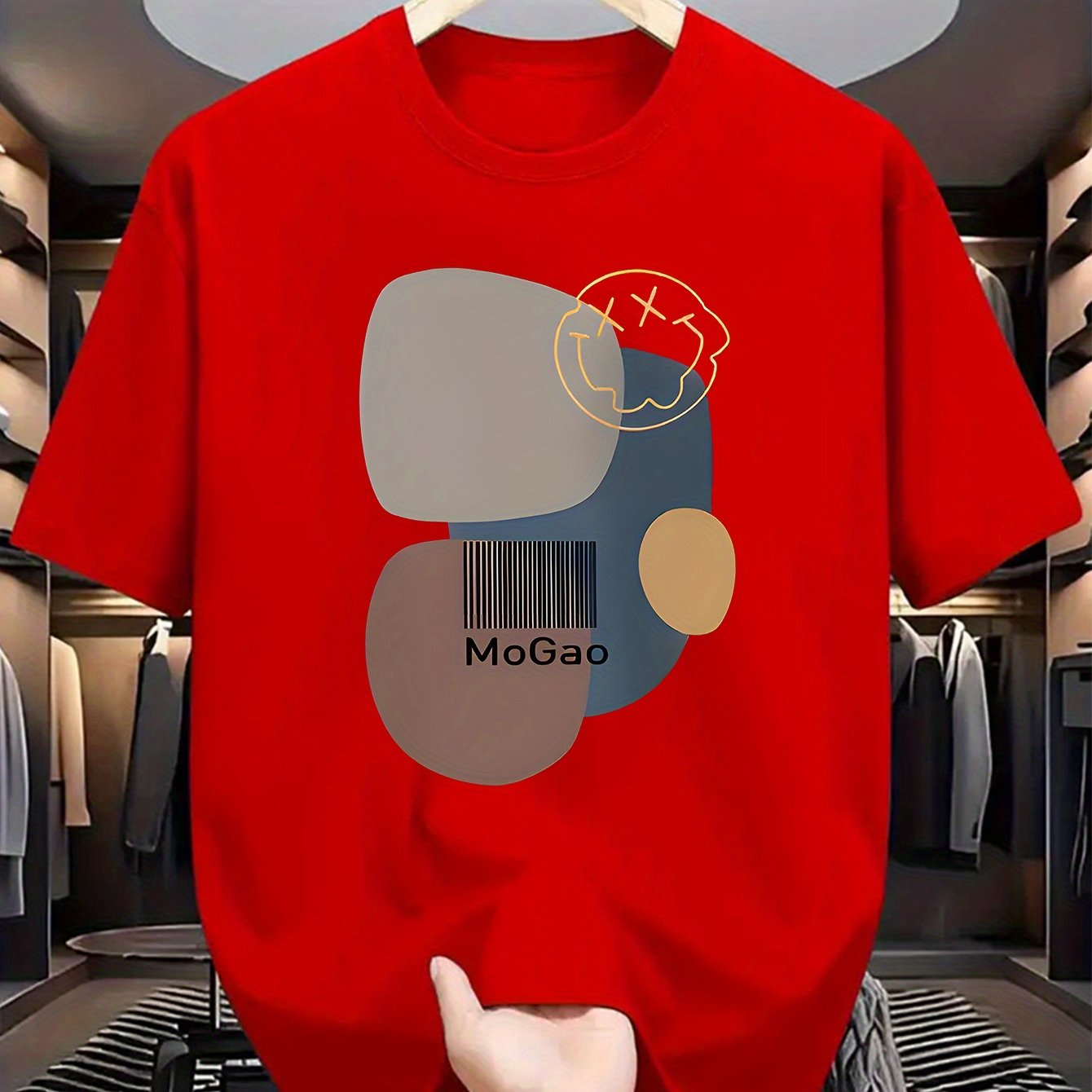 Mogao Men's Casual Short Sleeve T-Shirt - Light Blue Abstract Geometric Print, Breathable Summer Fabric, Regular Fit Round Neck, Machine Washable for Casual Attire, Versatile Fashion Top, Modern Aesthetic Shirt