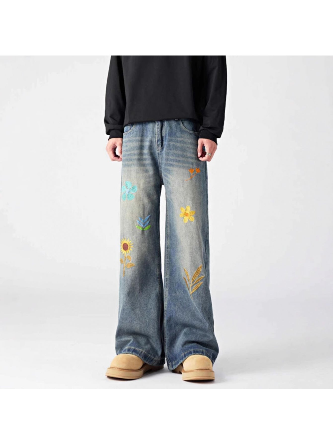 Men'S Vintage Washed Faux Denim - Non-Stretch Straight Leg Pants with Floral embroidery