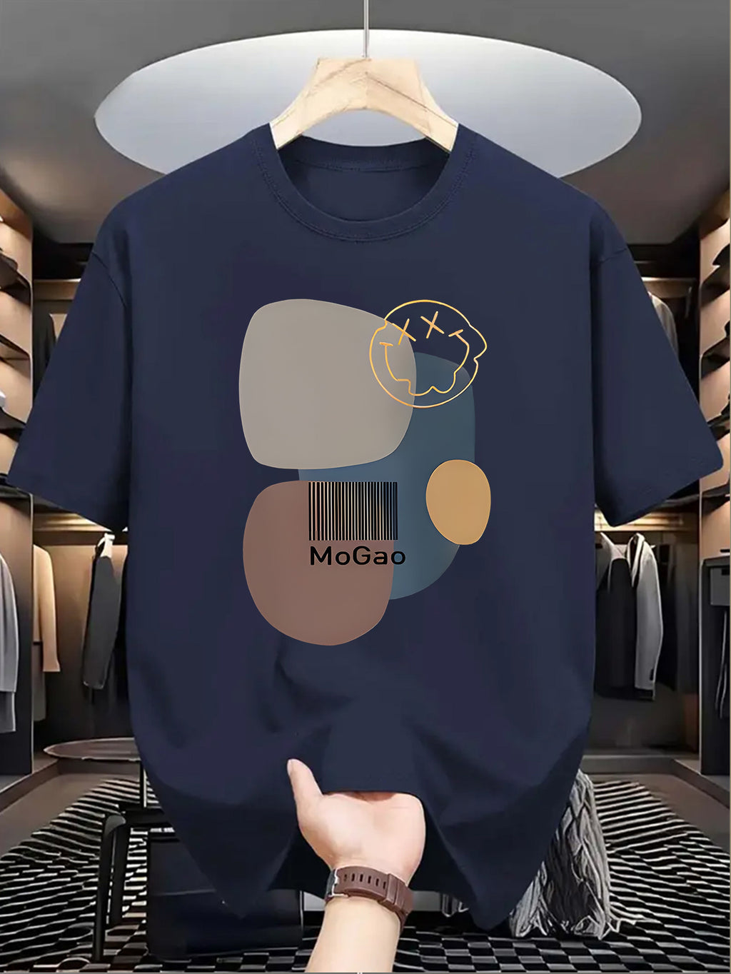 Mogao Men's Casual Short Sleeve T-Shirt - Light Blue Abstract Geometric Print, Breathable Summer Fabric, Regular Fit Round Neck, Machine Washable for Casual Attire, Versatile Fashion Top, Modern Aesthetic Shirt