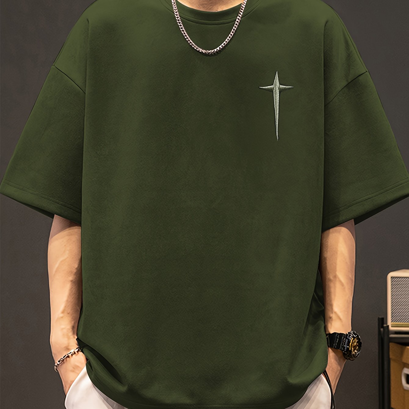 Men's Pierson OBM Fashion Casual Teal Embroidered Crew Neck Sweatshirt - Sporty Style, Polyester and Spandex Blend, Machine Washable, Summer Wear, Sporty Sweatshirt|Geometric Embroidery|Polyester Spandex Blend