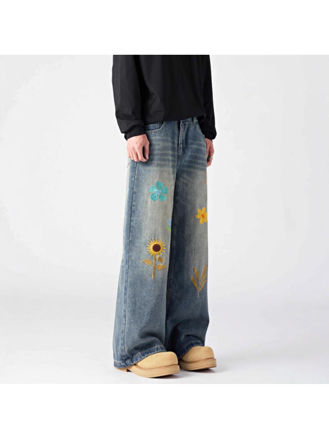 Men'S Vintage Washed Faux Denim - Non-Stretch Straight Leg Pants with Floral embroidery