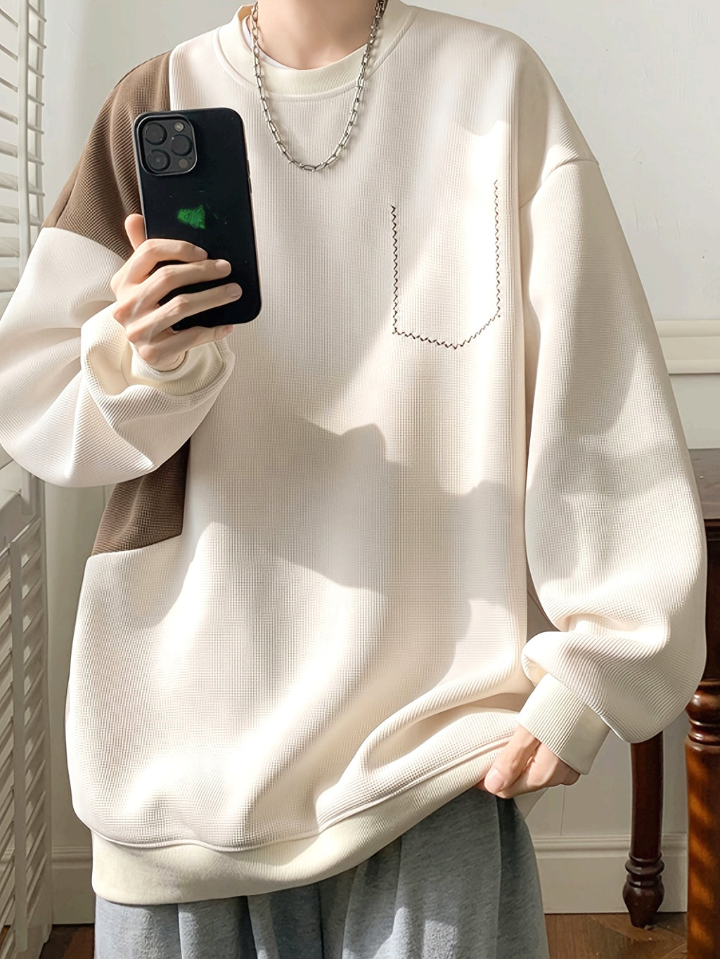 Color Block Sweatshirt Color Block Crew Neck Sweatshirt - Men's Casual, Polyester Blend, Machine Washable, Non-Stretch Fabric