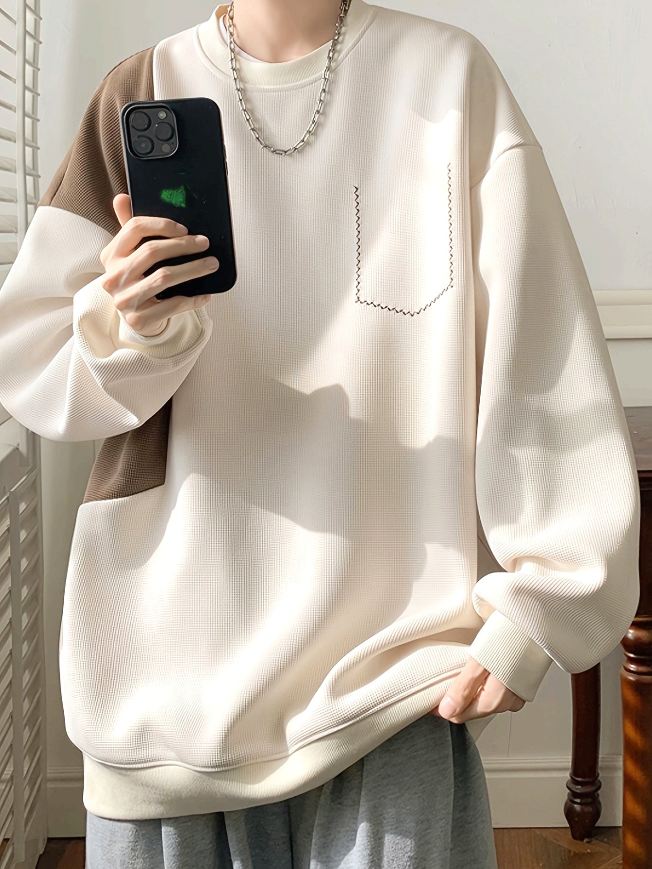 Color Block Sweatshirt Color Block Crew Neck Sweatshirt - Men's Casual, Polyester Blend, Machine Washable, Non-Stretch Fabric