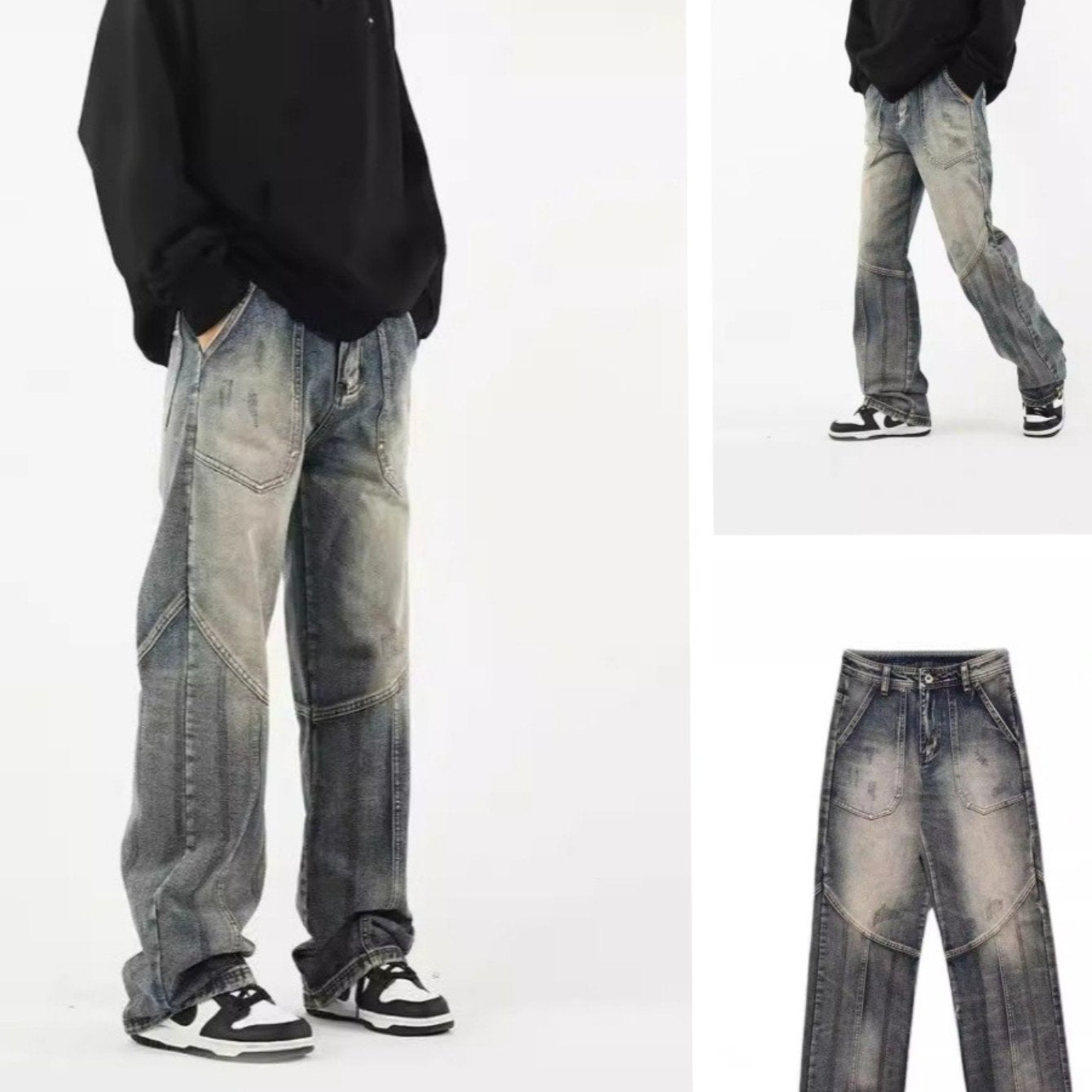 American vintage patchwork jeans Men's trendy topline loose straight pants, Jeans Pant for Men