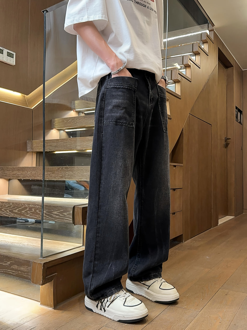 Men's Retro High Waisted Wide Leg Jeans - Straight Leg Mop Pants with Belt & Pockets