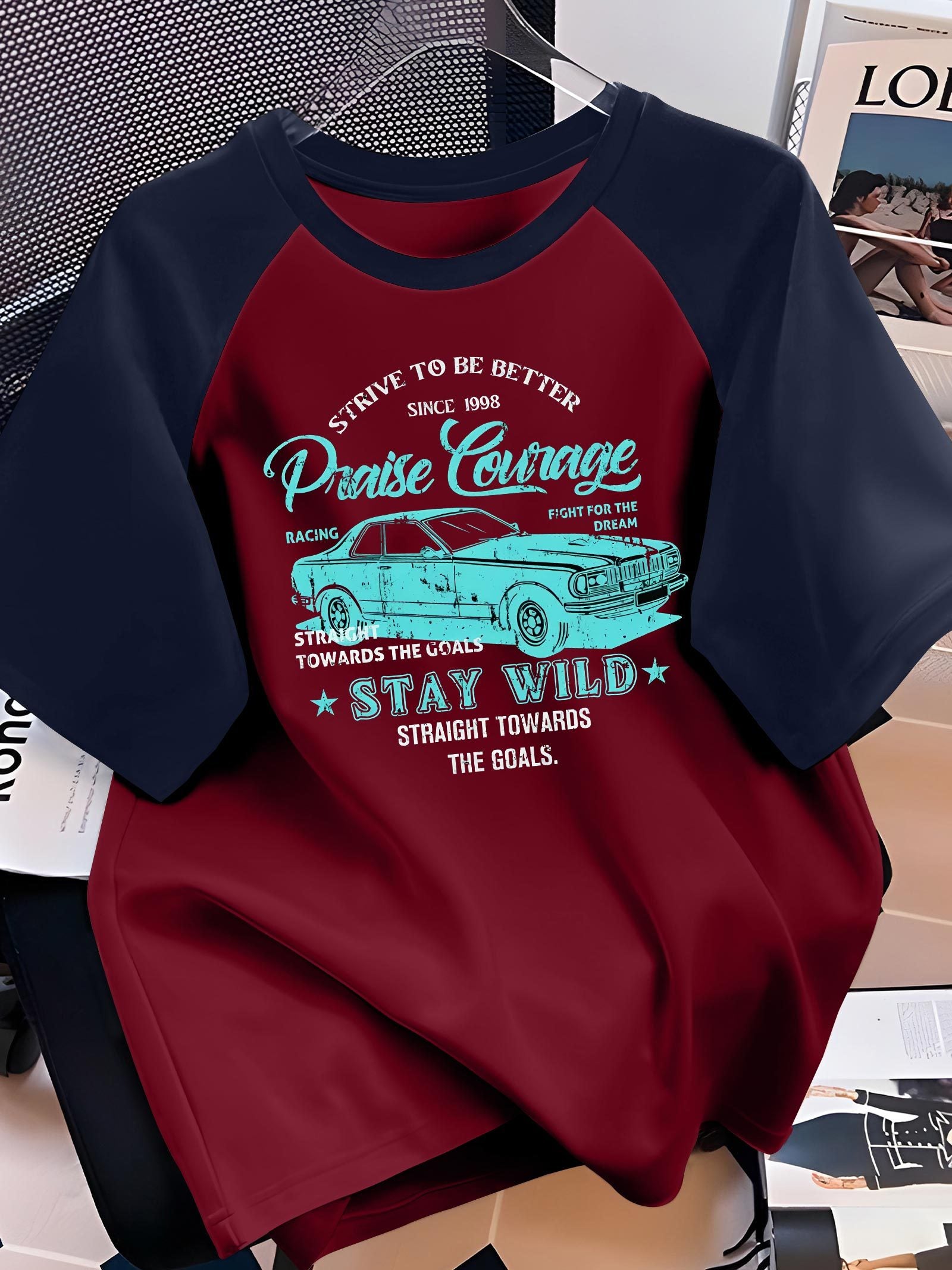 Men'S Casual Crew Neck T-Shirt, Polyester 100% Knit Fabric, Slight Stretch, Regular Fit, Short Sleeves, Summer Raglan Tee with Vintage Racing Print Design