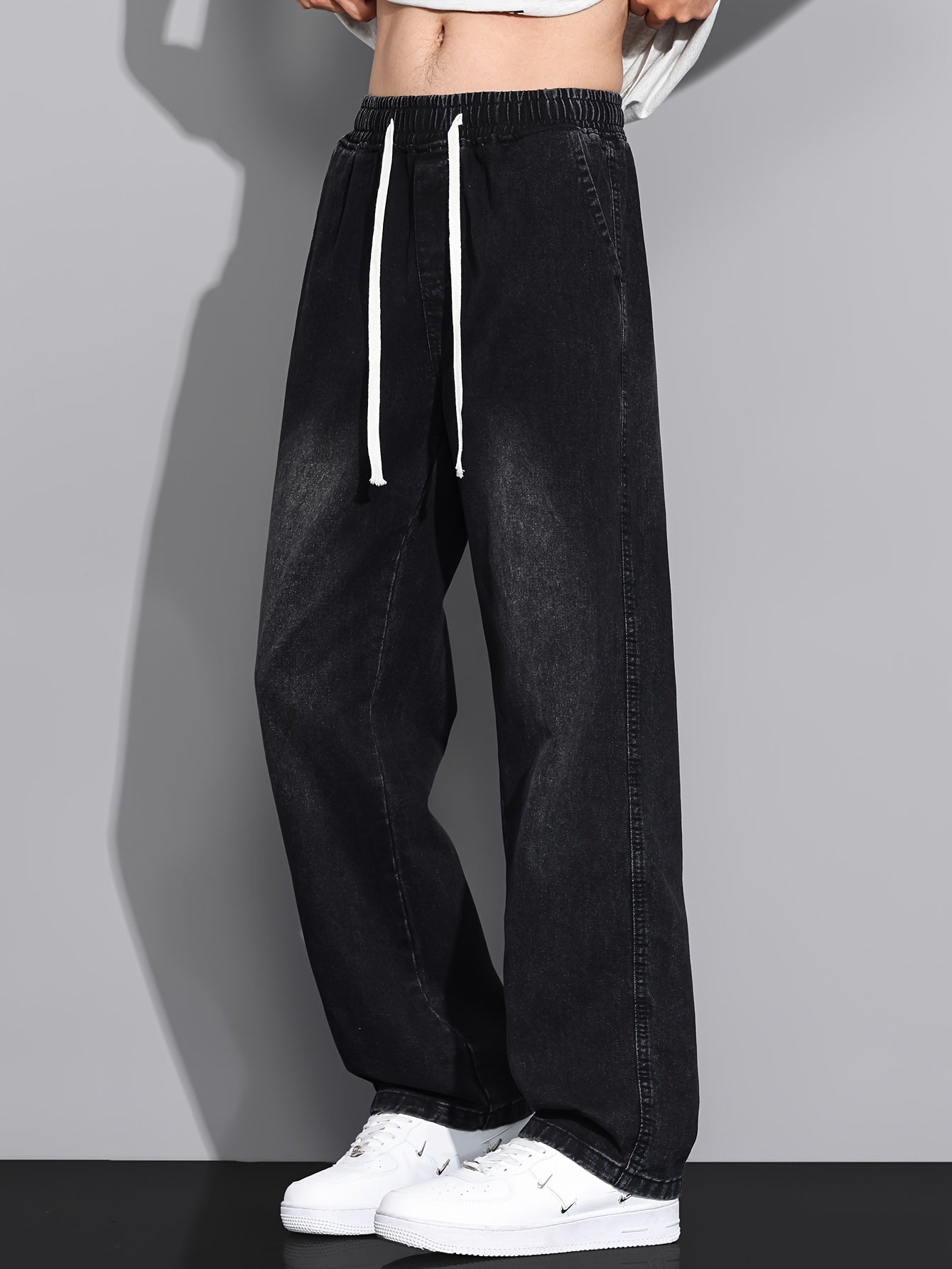 Men's Straight-Leg Jeans - Non-Stretch Denim Pants with Drawstring Waist
