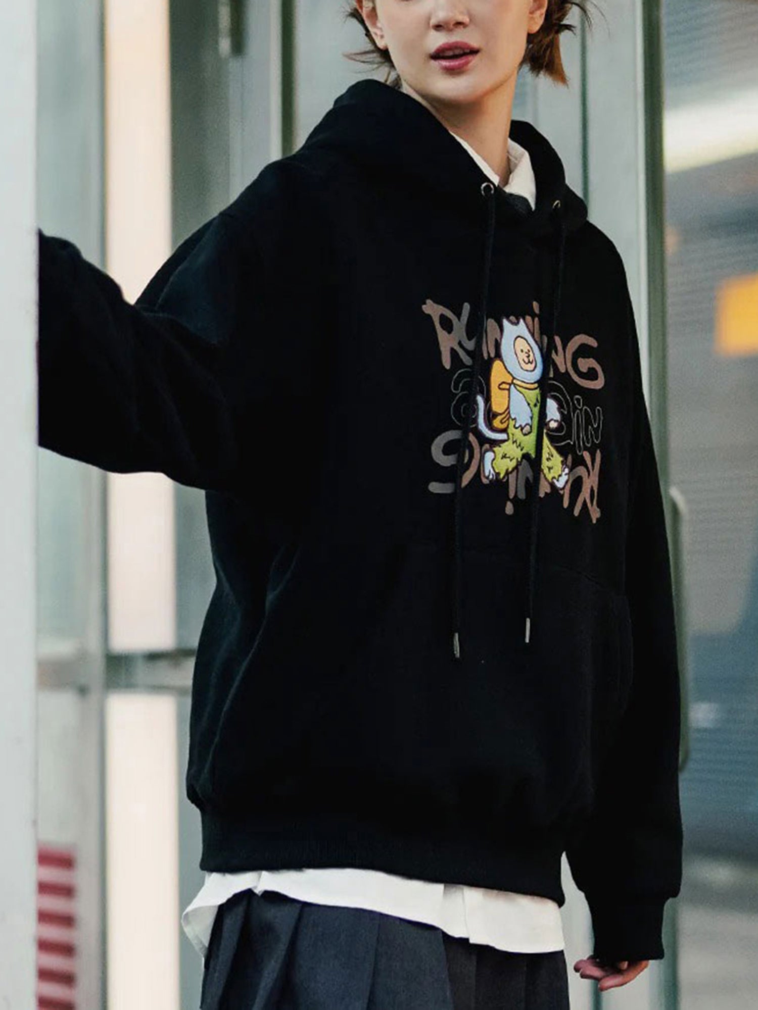 Casual Polyester Hooded Sweatshirt, Geometric Pattern, Slight Stretch, Regular Fit, with Drawstring, for All-Season Pullover Hoodie