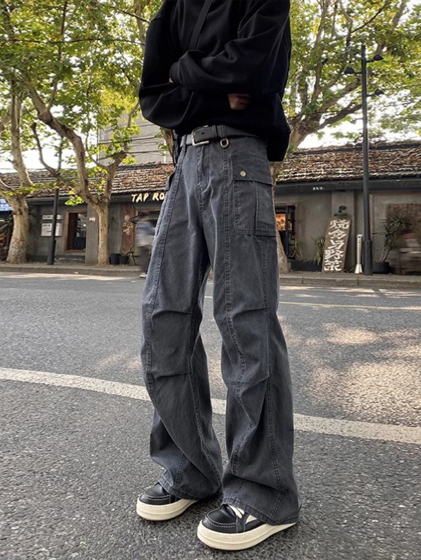 Men's High-Waisted Distressed Workwear Jeans - Light Beige\u002FBeige Tapered Leg