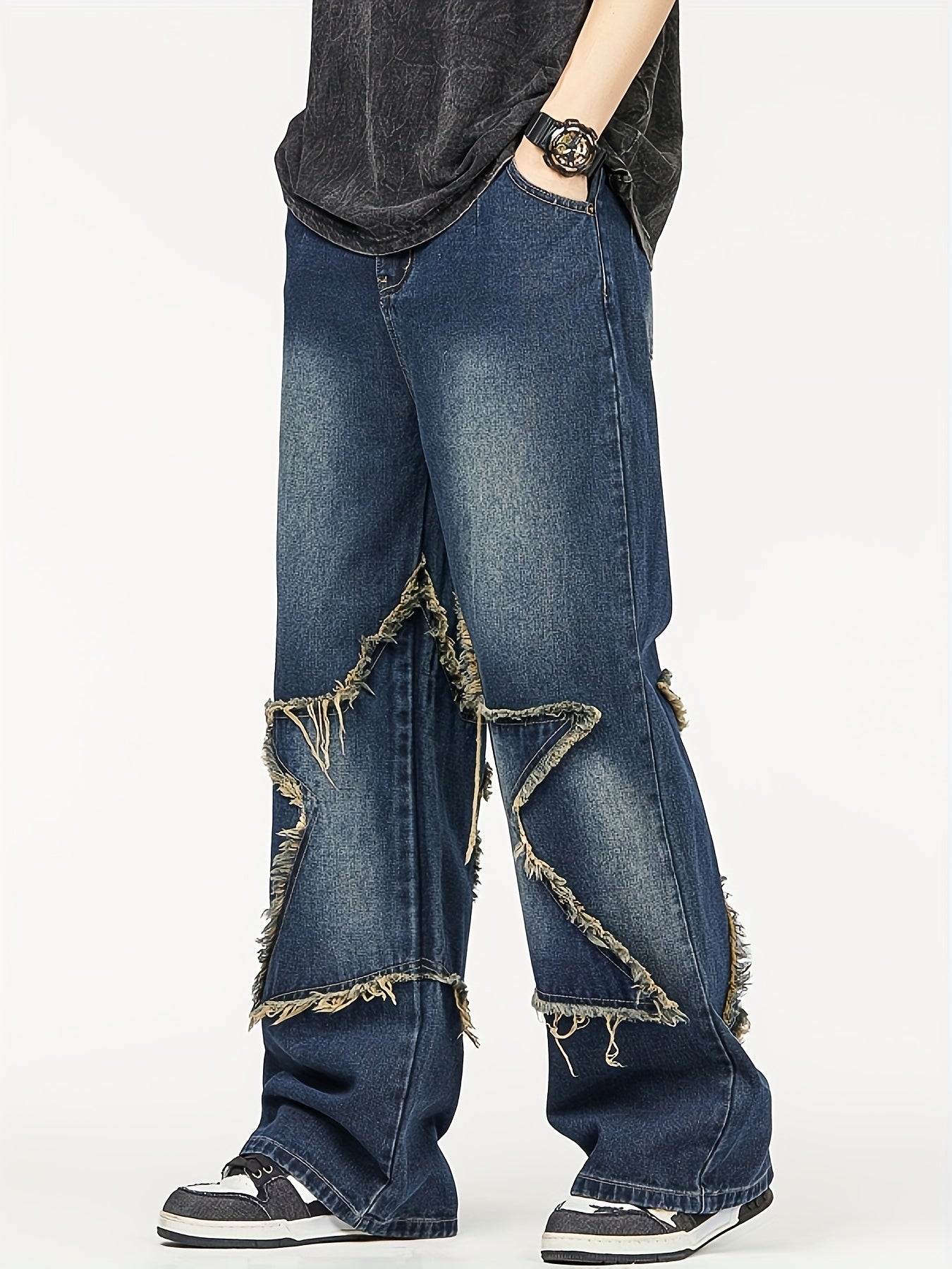 Men'S Fashion Trend Loose Straight-leg Faux Denim, High Street Five-pointed Star Pattern