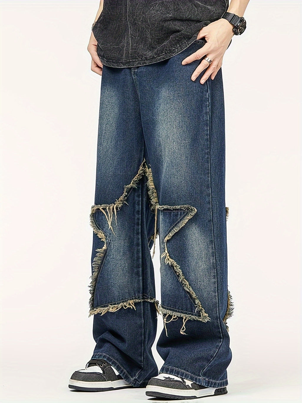Men'S Fashion Trend Loose Straight-leg Faux Denim, High Street Five-pointed Star Pattern