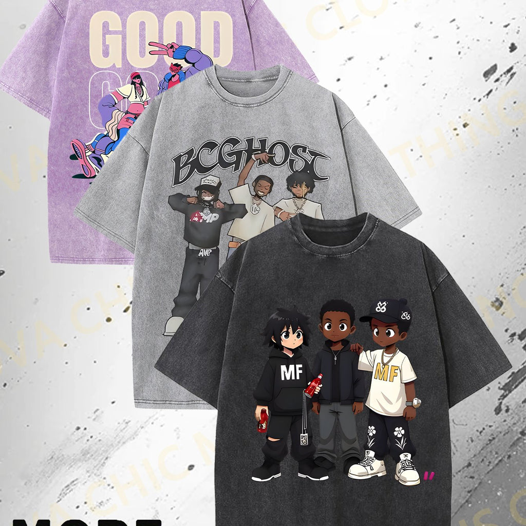 Three-Piece Set Keep a Good Attitude And Love Life Printed 230G Heavy Wash Batik Short Sleeve Tee, Men'S Crisp Short Sleeve Tee, Outdoor Sweats, Retro Wash, 100% Cotton, Everyday Wear