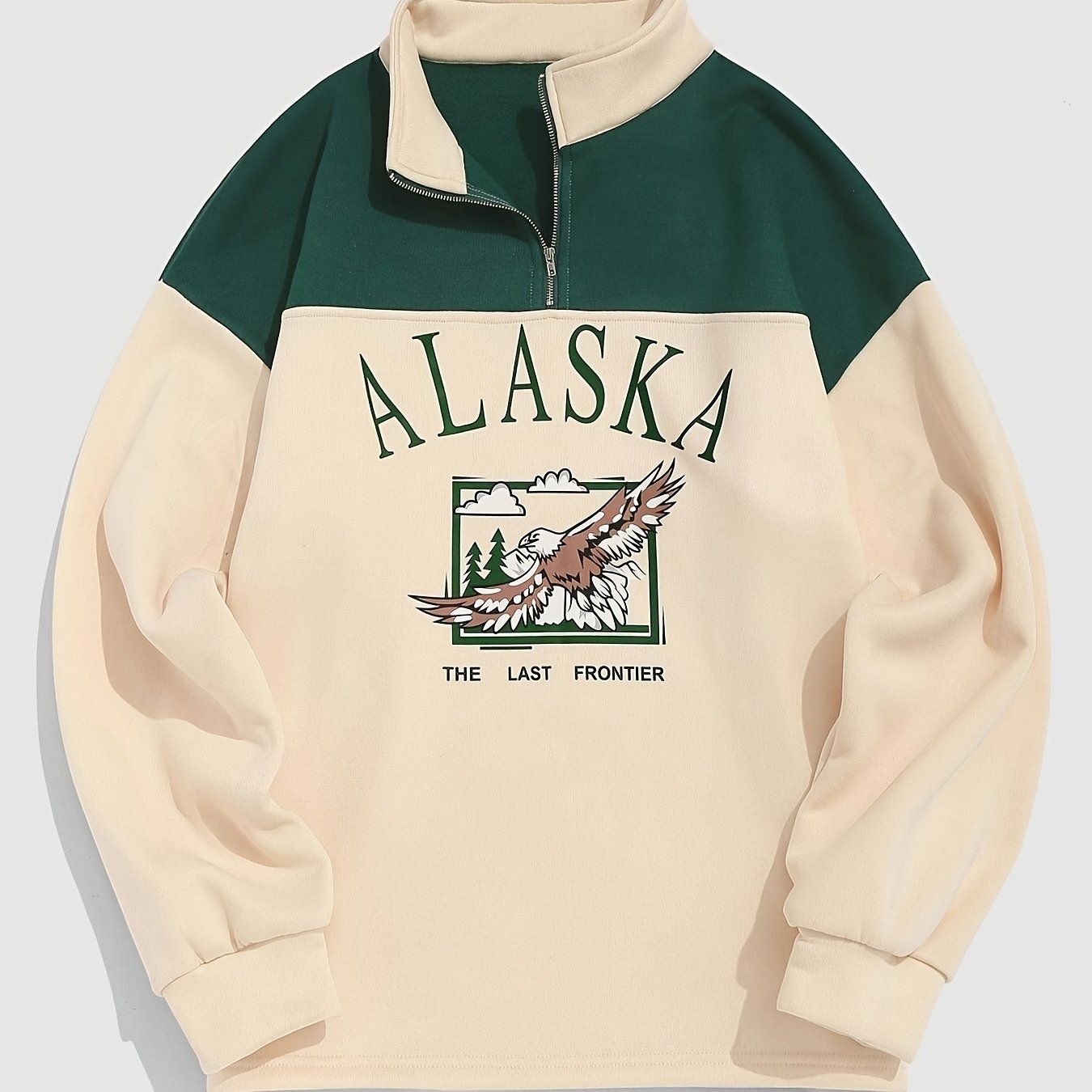 Men's Vintage Alaska Graphic Print Colorblock Fleece Quarter-Zip Sweatshirt - Stand Collar Streetwear Pullover with Mountain & Tree Design, Machine Washable Casual Long Sleeve Top