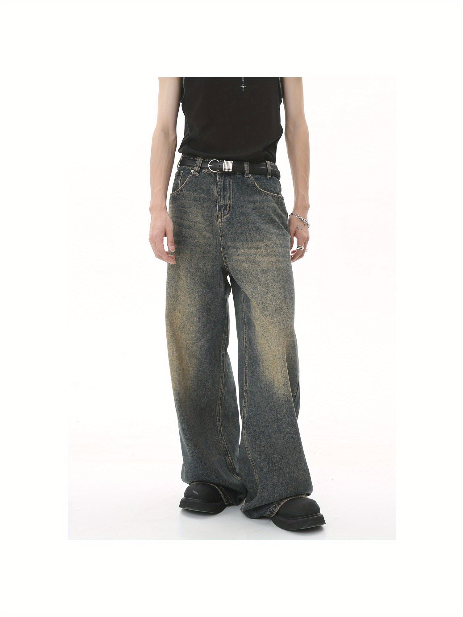 New unisex, all season, retro Hong Kong style, vintage, loose, wide leg, floor length jeans