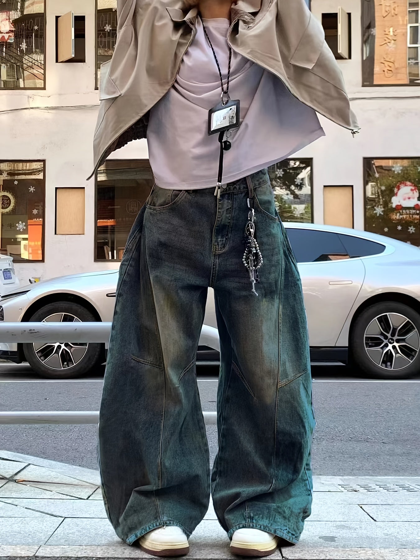 Men'S Vintage Washed Loose Faux Denim - High Street Style, Loose Fit, All-Season Comfort