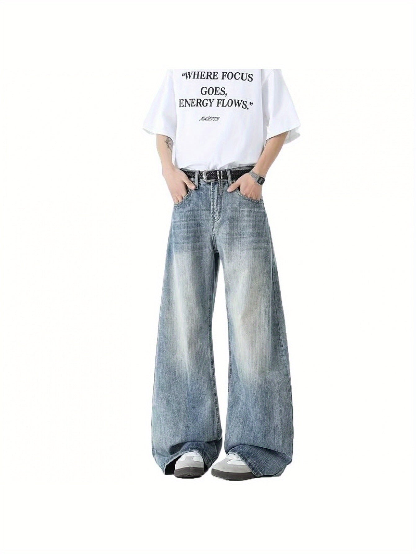 Men'S High-Waisted Wide-Leg Jeans - Vintage Washed Blue Denim, Casual Summer Style with Belt Loops & Pockets, Comfortable Mid-Rise Fit for Casual Attire