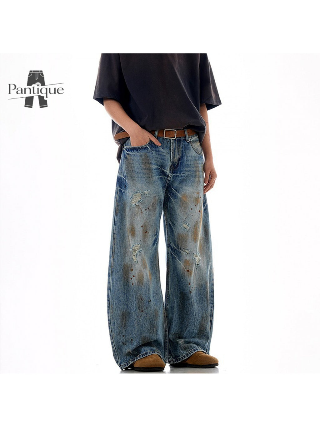 Men'S Japanese Retro Vintage Distressed Washed Faux Denim