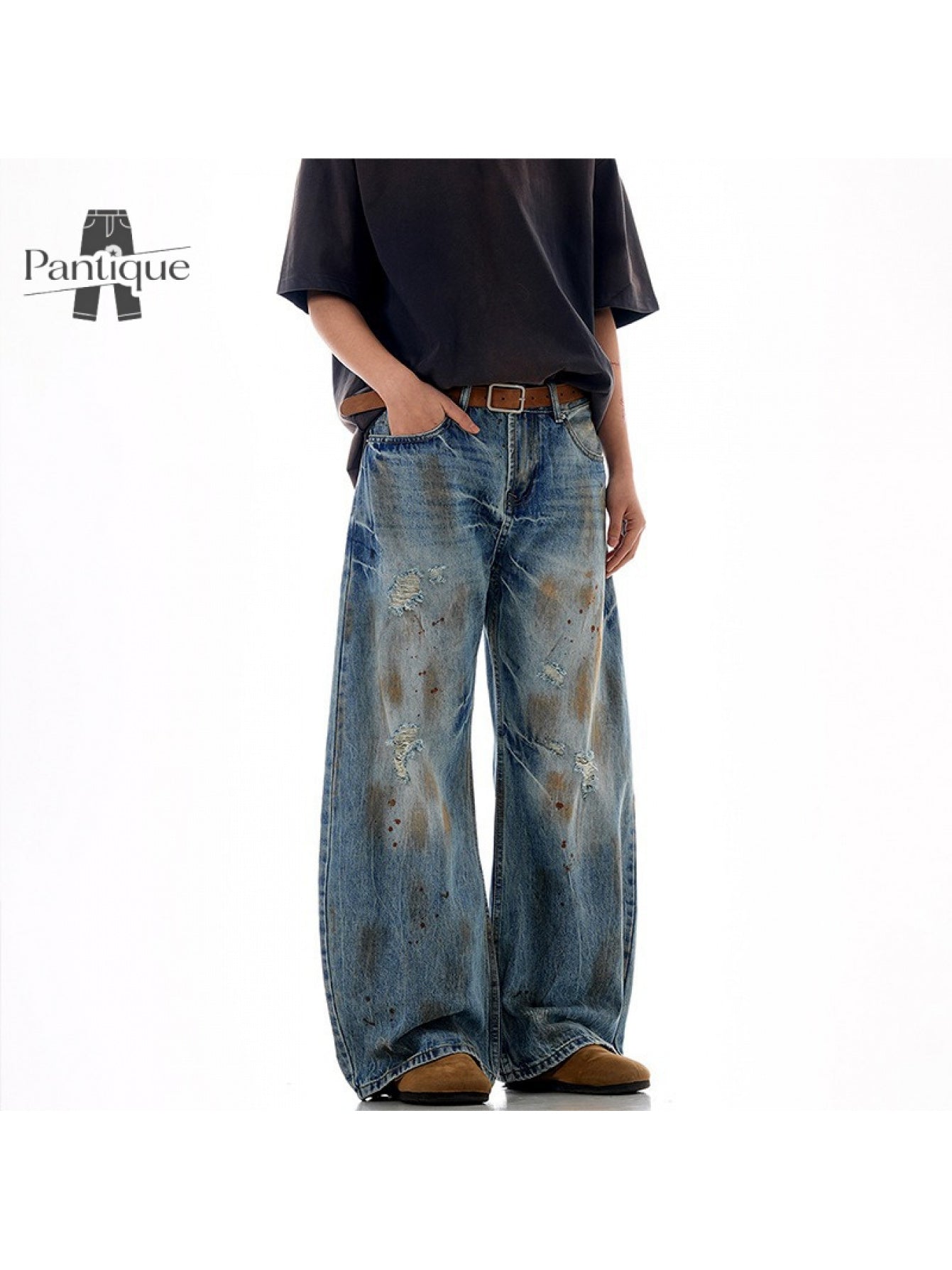 Men'S Japanese Retro Vintage Distressed Washed Faux Denim