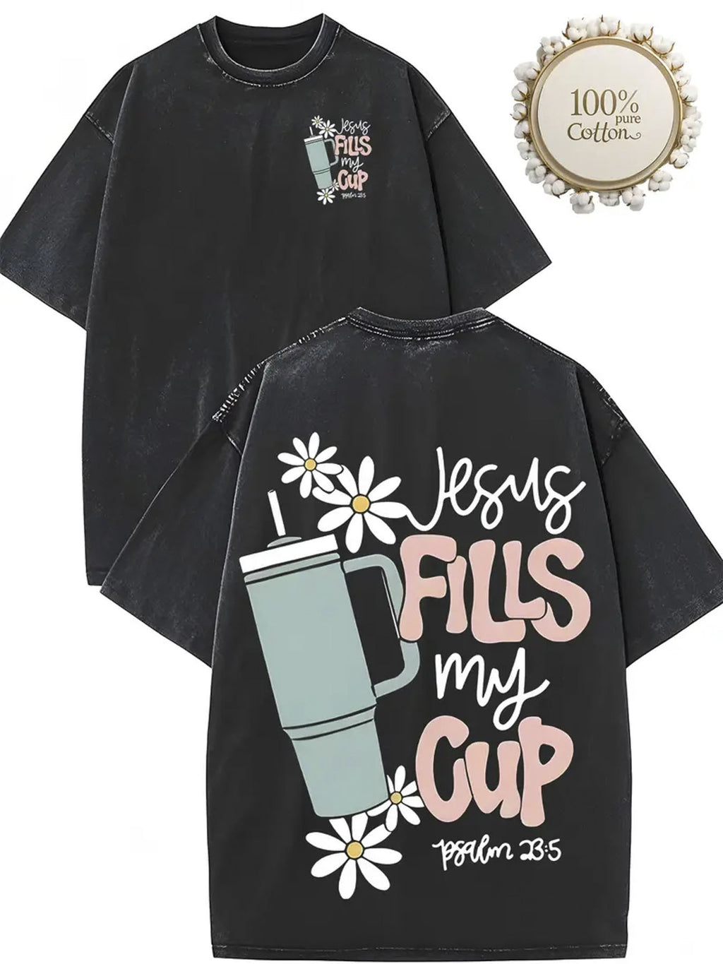 1pc, 230G double-sided washed, Jesus filled my cup printed t-shirt, high-quality wax printed cotton retro fashion brand t-shirt, suitable for summer t-shirt with a certain thickness, holiday gift