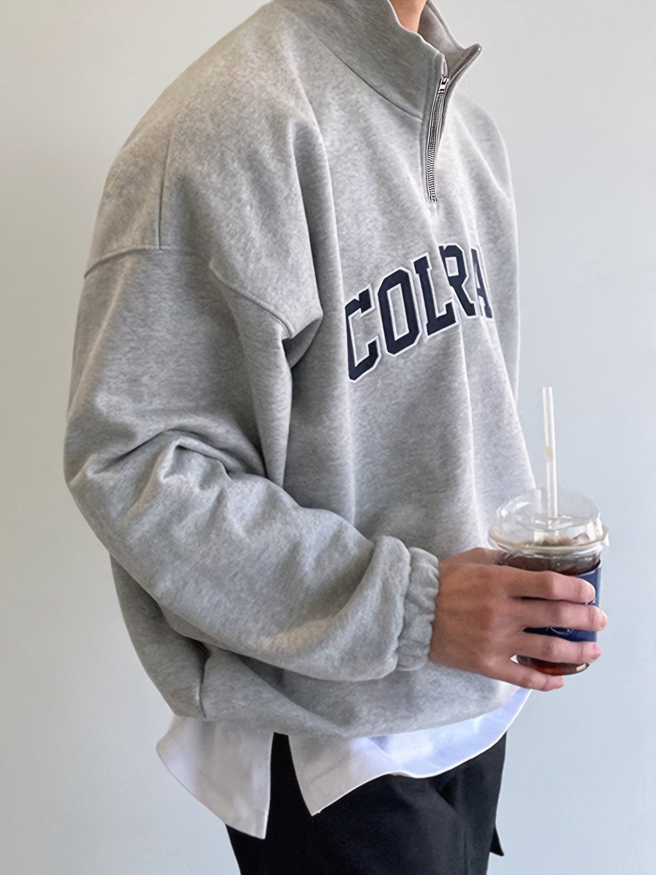 Gray vintage sweatshirt for men, spring and autumn, with letters, Korean style, can be worn in layers, loose long sleeves, half zipper on