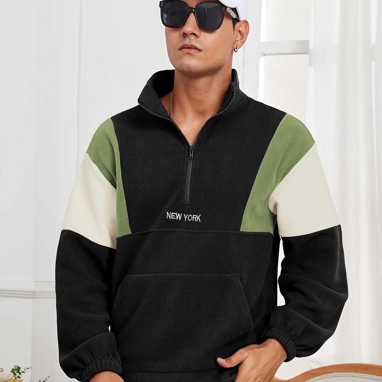 Men's Fluffy Polar Fleece Hoodie with NEW YORK Lettering & Colorblock Design - Half-Zip Stand Collar Sweatshirt, Loose Fit Unisex Pullover for Casual & Athletic Wear, Machine Washable (Black\u002FOlive\u002FBeige)