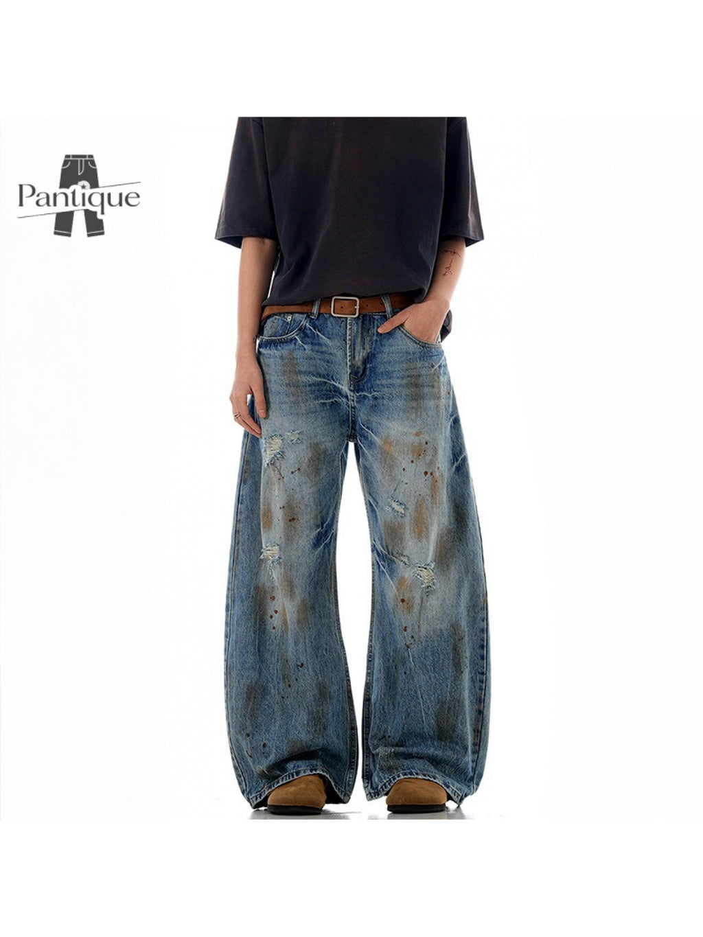 Men'S Japanese Retro Vintage Distressed Washed Faux Denim